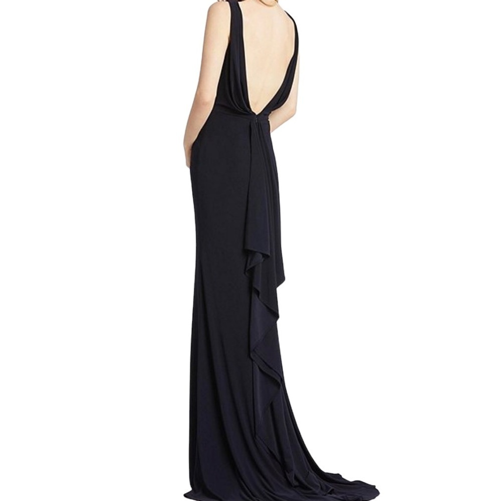 Mac Duggal Ruched Deep V Neck Gown Sleeveless Dress Leg Slit Navy Blue Size 12 - Picture 2 of 11
